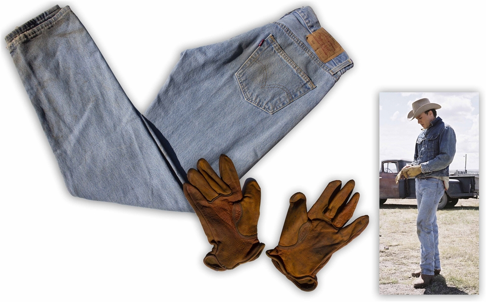 Heath Ledgers Worn Outfit From Brokeback Mountain -- Iconic Wardrobe of Levis Jeans & Ranch-Hand Gloves